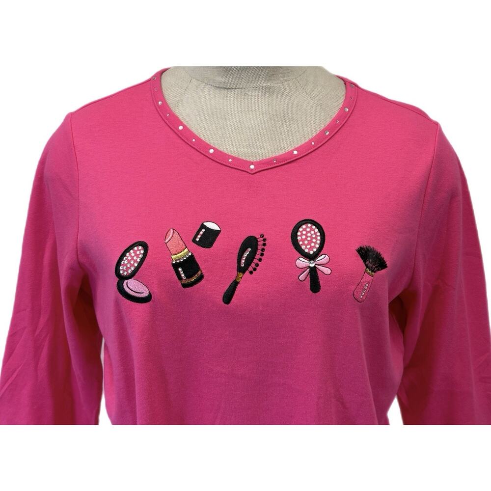 Quacker Factory Pink Makeup Beauty Embroidered Rhinestone 3/4 Sleeve Top 1X - Picture 3 of 4